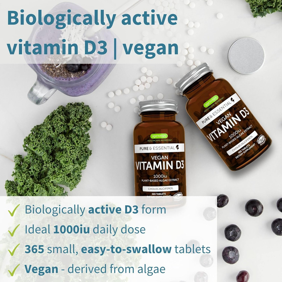 High Absorption Vegan Vitamin D3 1000Iu, 365 Tablets, 100% Plant-Based & Non-Gmo, Immune & Muscle Function, Bones & Teeth, Natural Algae Cholecalciferol, 1-Year Supply