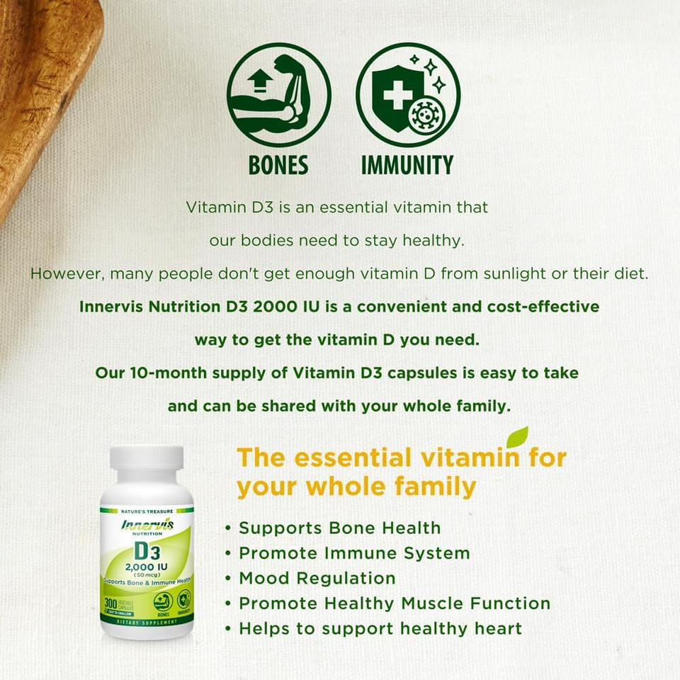 Innervisnutrition Vitamin D3 2000 Iu (50 Mcg) 300 Vegetable Capsules Support Healthy Bones Teeth Immune System Supplement