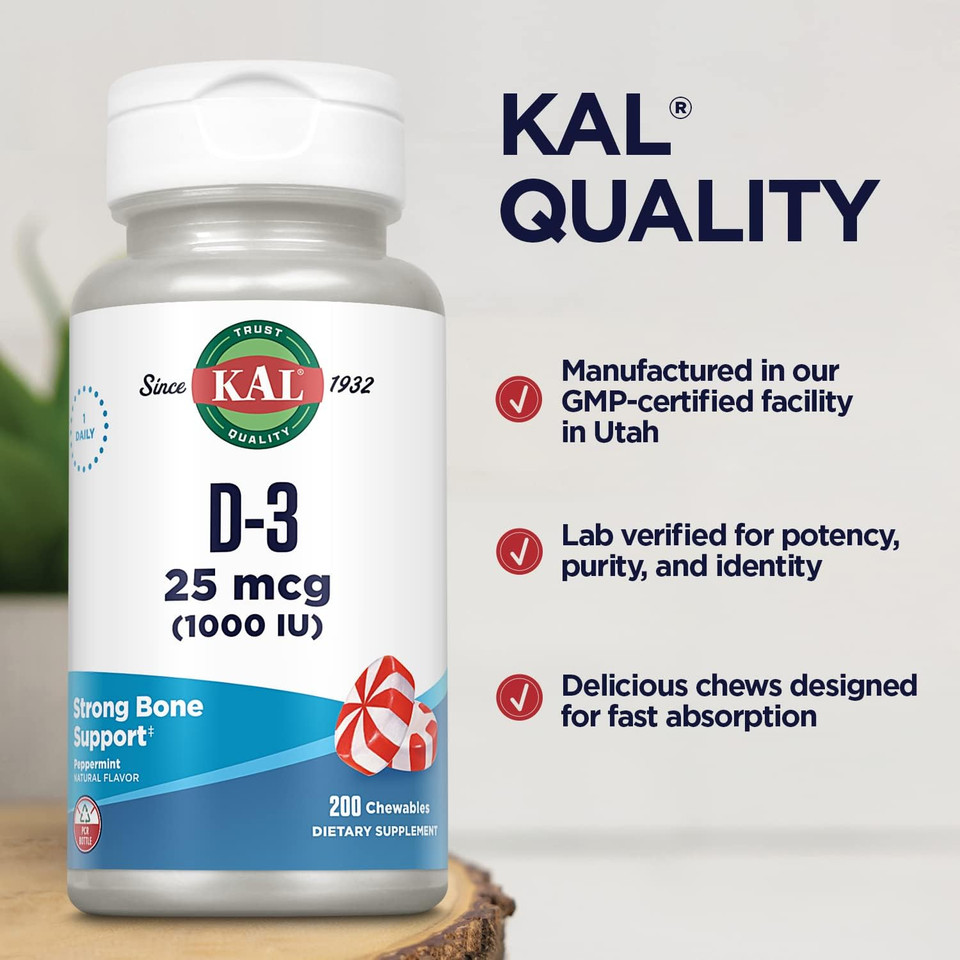 Kal Vitamin D-3 1000 Iu Chewable | Peppermint Flavor | Healthy Immune Function & Bone Support | 200 Chews, 200 Serv