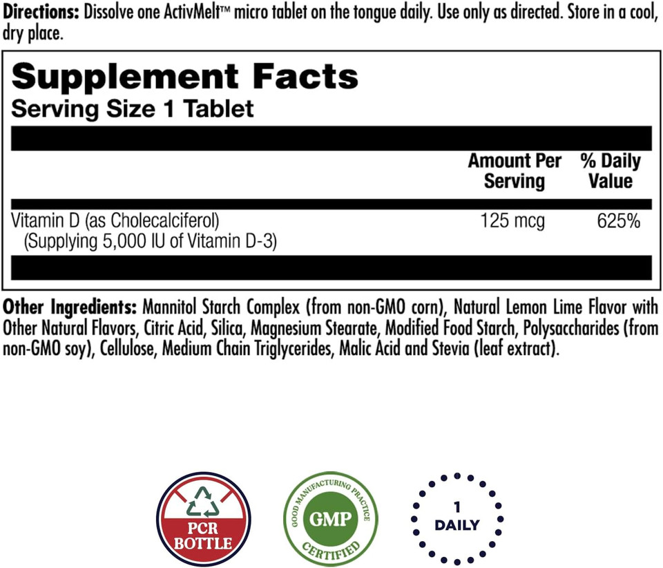 Kal Vitamin D-3 5000 Iu Activmelt, Instant Dissolve, Natural Lemon Lime Flavor, Healthy Immune Function & Bone Support, 90 Servings, 90 Micro Tablets