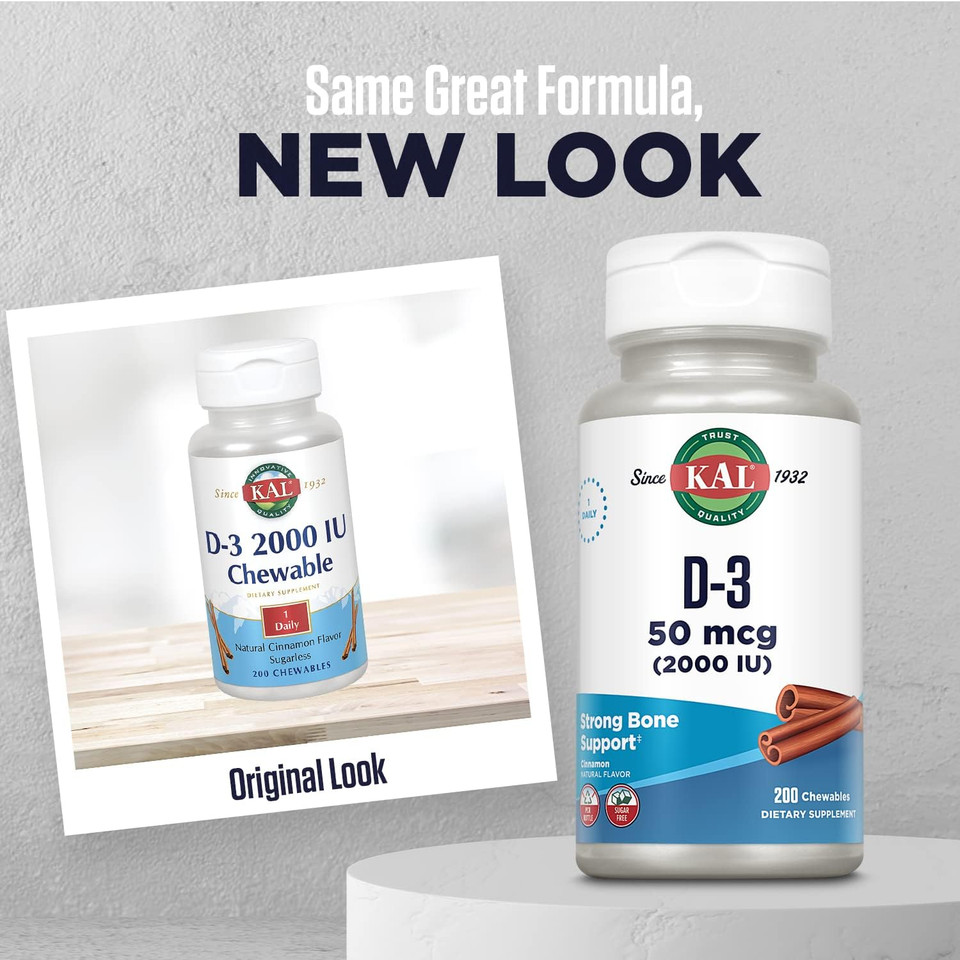 Kal Vitamin D3 Chewables 50 Mcg, Vitamin D 2000 Iu As Cholecalciferol, Sugar Free, Natural Cinnamon Flavor D3 Vitamin, Immune Support & Bone Health, 200 Servings, 200 Chewables200 Count (Pack Of 1)