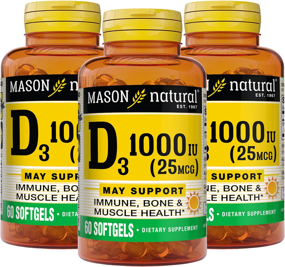Mason Natural Vitamin D3 25 Mcg (1000 Iu) - Supports Overall Health, Strengthens Bones And Muscles, From Fish Liver Oil, 60 Softgels (Pack Of 3)