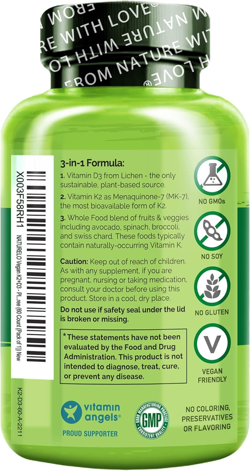 Naturelo Vegan K2+D3 - Plant Based D3 From Lichen - Natural D3 Supplement For Immune System, Bone Support, Joint Health - Whole Food - Vegan - Non-Gmo - Gluten Free,Capsule (60 Count (Pack Of 1))60 Count (Pack Of 1)