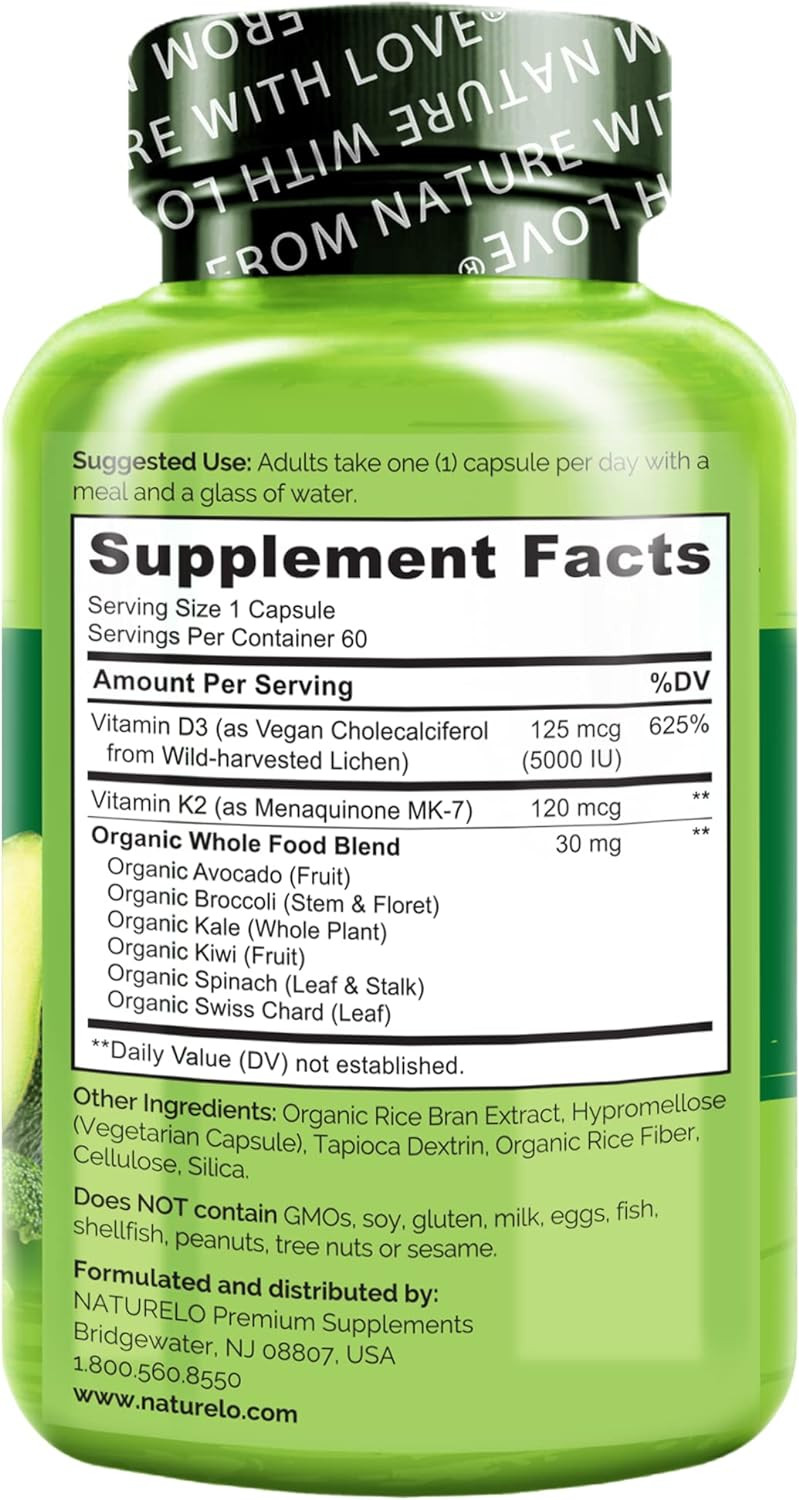Naturelo Vegan K2+D3 - Plant Based D3 From Lichen - Natural D3 Supplement For Immune System, Bone Support, Joint Health - Whole Food - Vegan - Non-Gmo - Gluten Free,Capsule (60 Count (Pack Of 1))60 Count (Pack Of 1)