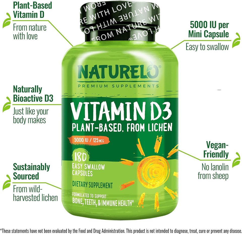 Naturelo Vitamin D - 5000 Iu - Plant Based From Lichen - Natural D3 Supplement For Immune System, Bone Support, Joint Health - Vegan - Non-Gmo - 180 Mini Capsules (Pack Of 2)360 Count (Pack Of 1)