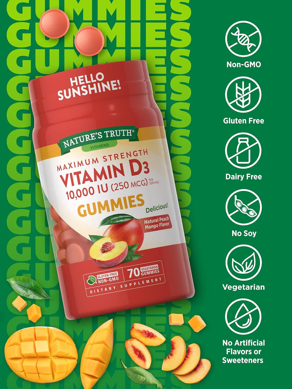 Nature'S Truth Vitamin D3 Gummies | 10000 Iu | 70 Count | Vegetarian, Non-Gmo & Gluten Free Supplement | Natural Peach Mango Flavor10000