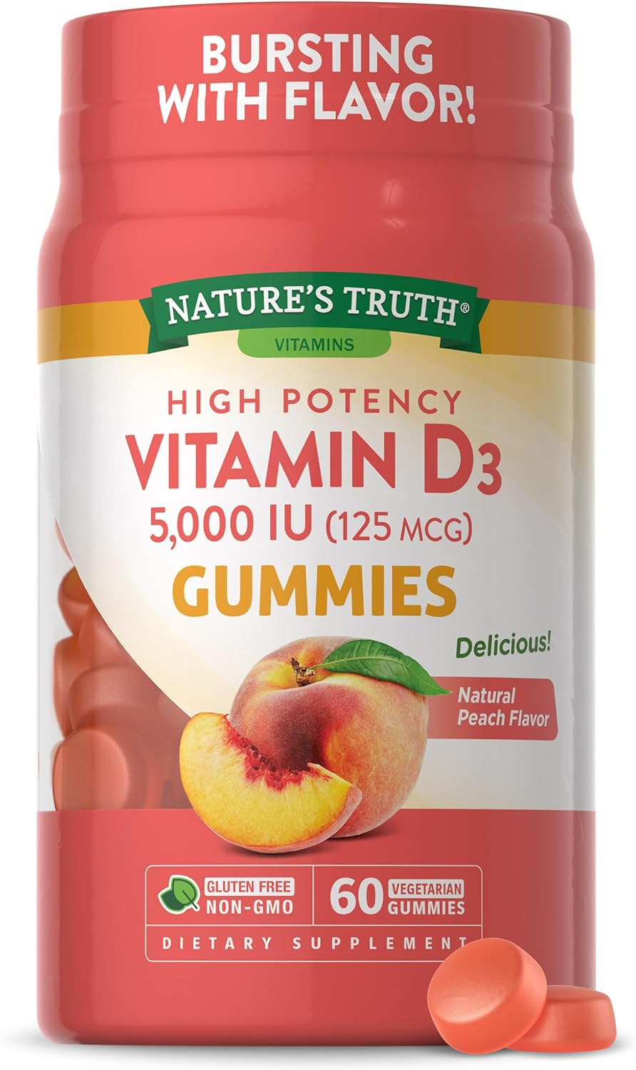 Nature'S Truth Vitamin D3 Gummies | 5000 Iu | 60 Count | Vegetarian, Non-Gmo & Gluten Free Supplement | Natural Peach Flavor60