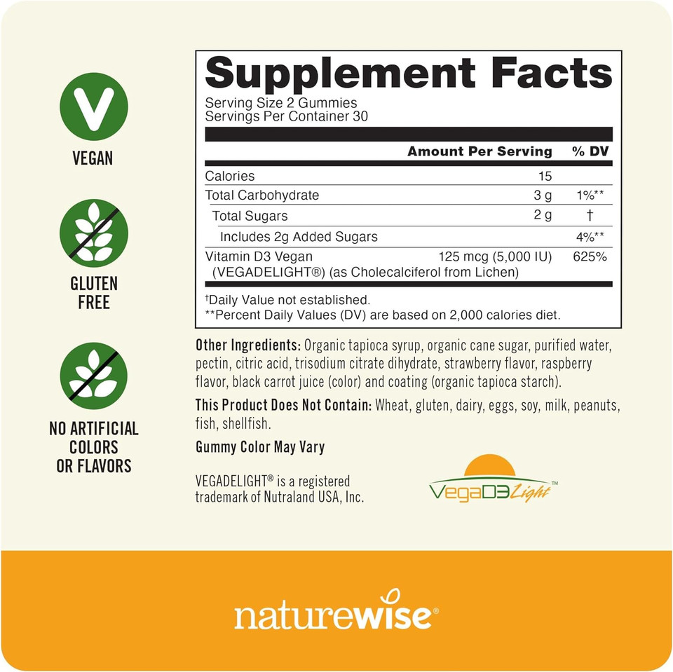 Naturewise Vegan Vitamin D3 5,000 Iu Gummies - No Artificial Flavors Or Colors, Supports Immune System & Strong Bones - Gluten Free - Delicious Mixed Berry Flavored - 60 Gummies (30-Day Supply)
