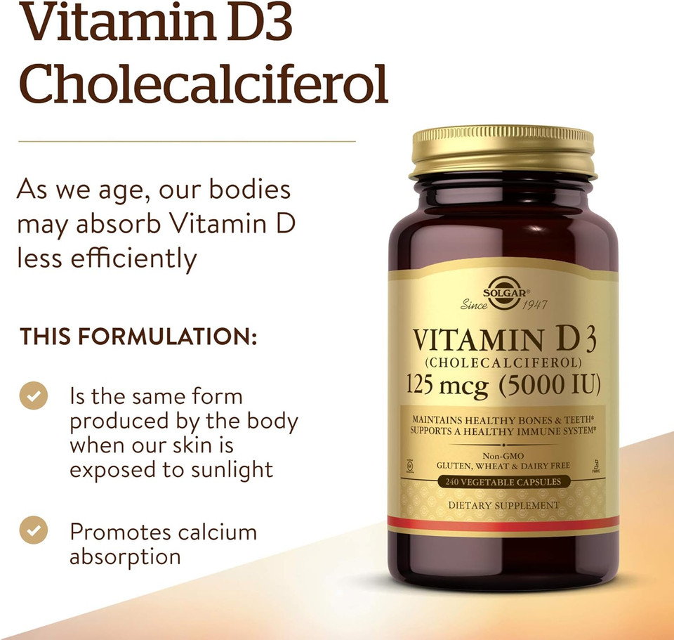 Solgar Vitamin D3 (Cholecalciferol) 125 Mcg (5000 Iu), 240 Vegetable Capsules - Helps Maintain Healthy Bones & Teeth - Immune System Support - Non-Gmo, Gluten Free, Dairy Free, Kosher - 240 Servings