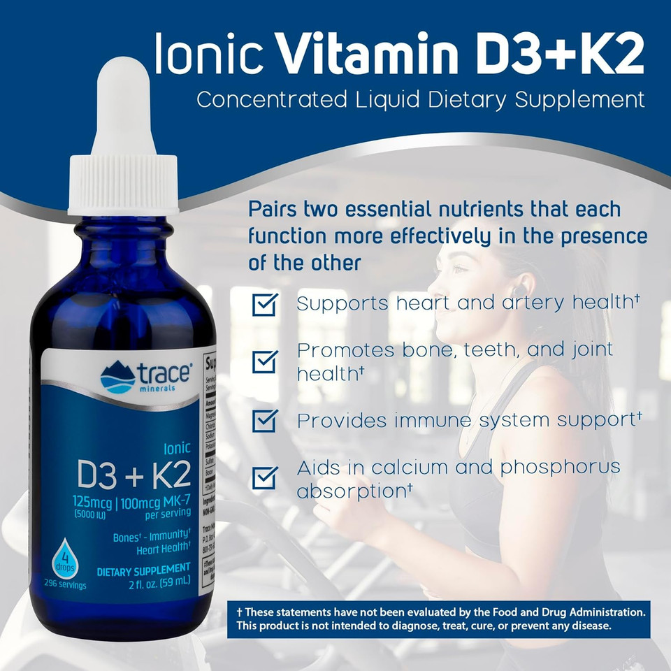 Trace Minerals | Liquid Ionic Vitamin D3 + K2 | 125 Mcg (5,000 Iu) D3, 100 Mcg K2 | Concentrated Dietary Supplement | Supports Bones, Teeth And Immune System | 2 Fl Oz. 296 Servings