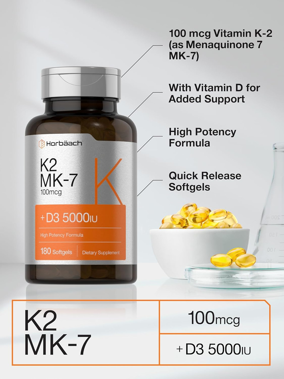 Vitamin D3 K2 | 5000Iu Of Vitamin D & 100Mcg Mk-7 Complex | 180 Softgel Capsules | Non-Gmo & Gluten Free Supplement | By Horbaach