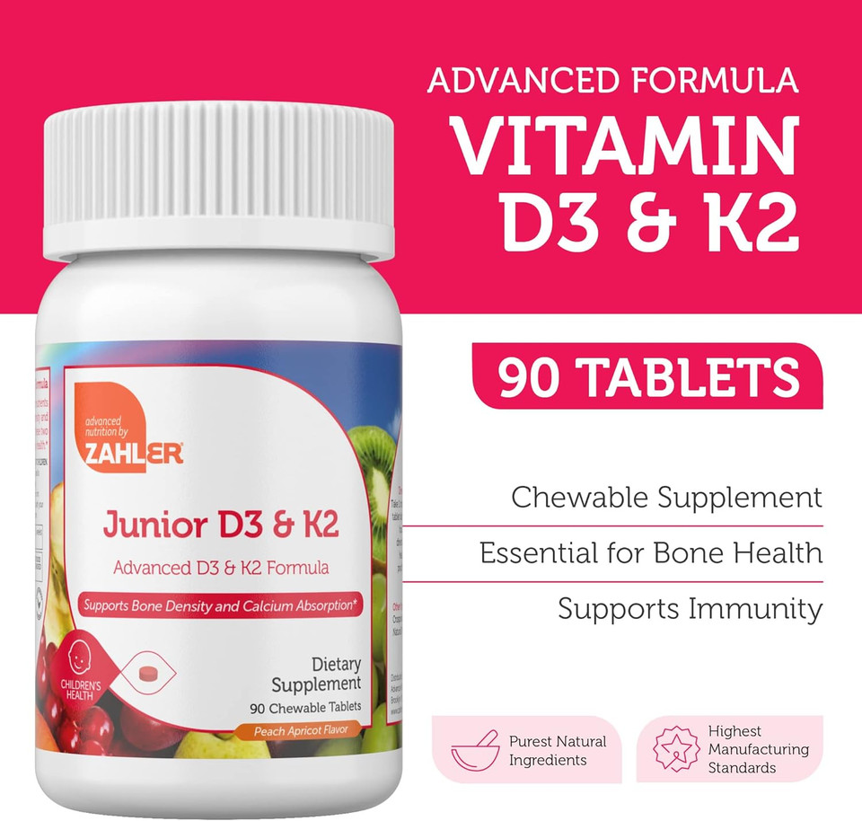 Zahler - Junior Vitamin D3 + K2 Chewable Tablets For Kids| Vitamin D For Kids 2000 Iu | Delicious Vitamin D K2 Chews To Support Healthy Bones & Teeth - Kosher, Less Sugar Than Gummies (90 Count)