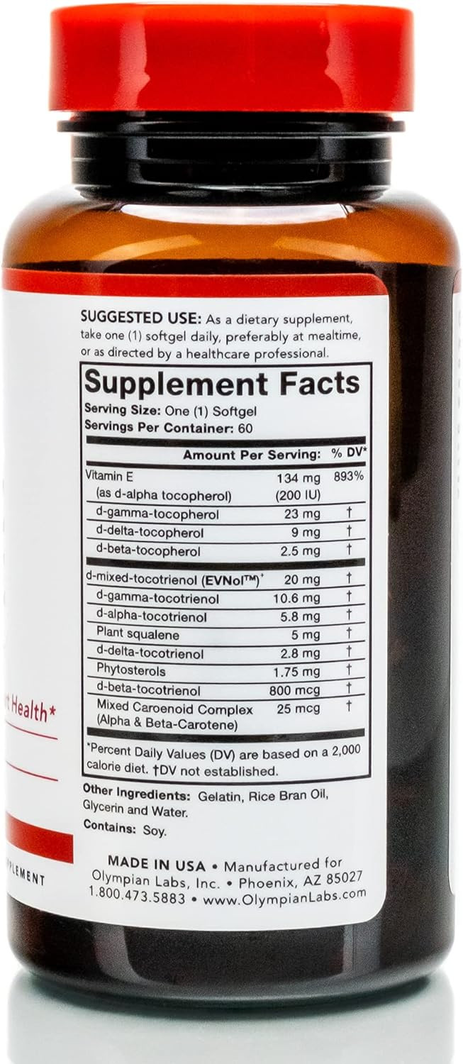 Olympian Labs Vitamin E Complete Tocomin, 200Iu 60 Softgels, Fight Free Radicals, Supports Brain, Skin & Hair, 60 Servings