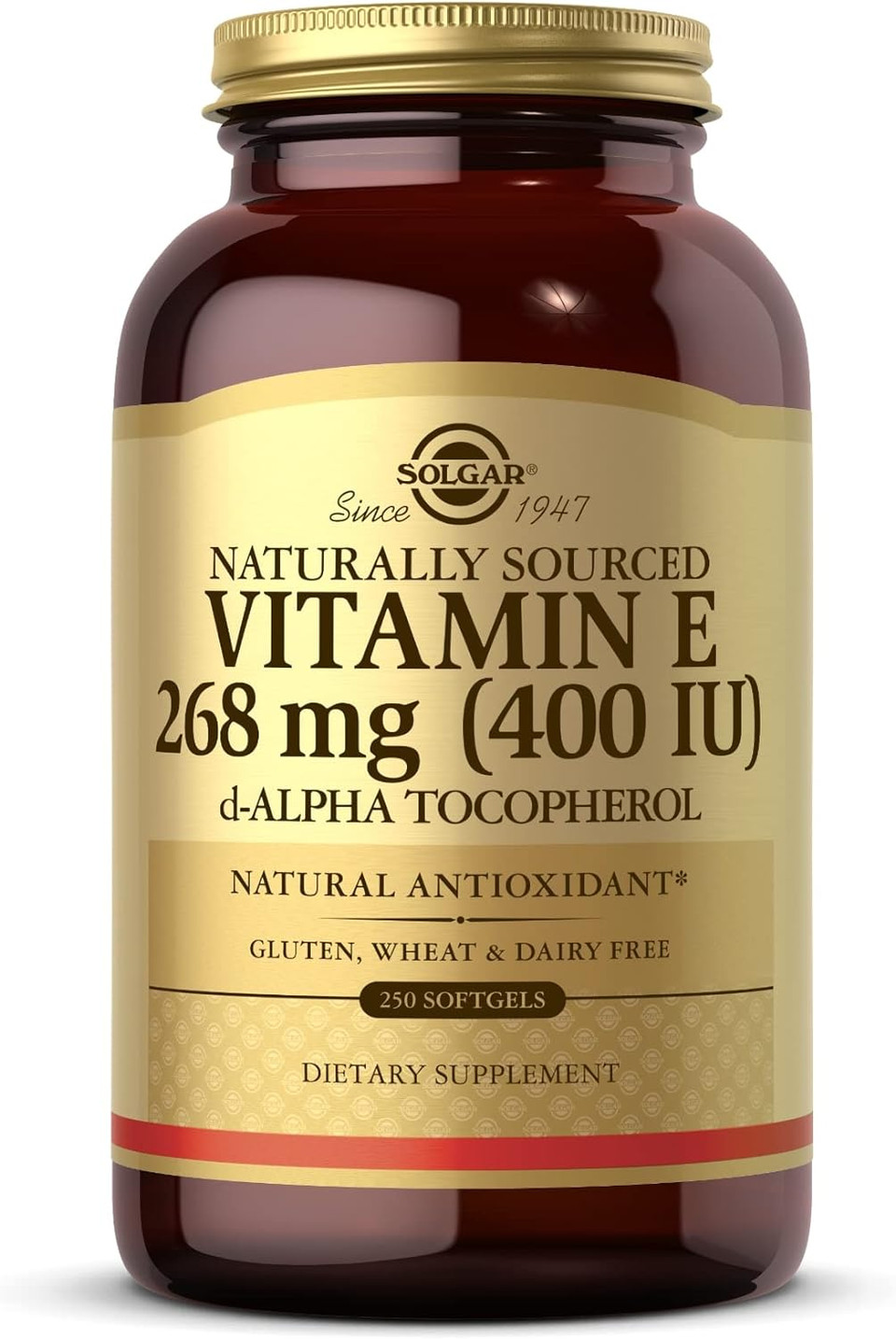 Solgar Vitamin E 268 Mg (400 Iu), 250 Alpha Softgels - Natural Antioxidant, Skin & Immune System Support - Naturally-Sourced Vitamin E - Gluten Free, Dairy Free - 250 Servings