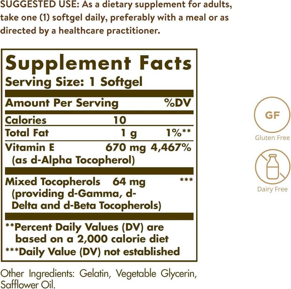 Solgar Vitamin E 670 Mg (1000 Iu), 100 Mixed Softgels - Natural Antioxidant, Skin & Immune System Support - Naturally-Sourced Vitamin E - Gluten /Dairy Free - 100 Servings