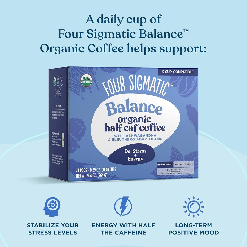 Four Sigmatic Adaptogen Coffee K-Cups | Organic Medium Roast Ground Coffee With Ashwagandha, Eleuthero, Chaga & Tulsi | Fair Trade | Immune Support & Stress Relief | Keto | 24 Count24 Count (Pack Of 1)