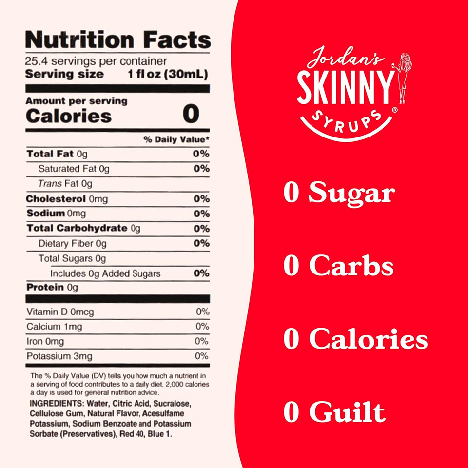 Jordan's Skinny Mixes Sugar Free Syrup, Raspberry Flavor, Fruit Flavored Water Enhancer, Drink Mix for Ice Tea, Lemonade & More, Zero Calorie Flavoring, Keto Friendly, 25.4 Fl Oz, 1 Pack