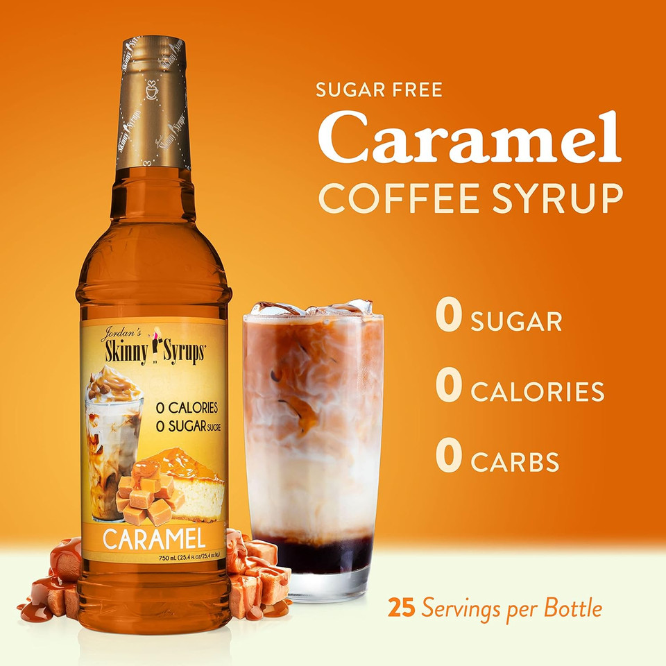 Jordan's Skinny Syrups Sugar Free Coffee Syrup, Caramel Flavor Drink Mix, Zero Calorie Flavoring for Chai Latte, Protein Shake, Food, Gluten Free, Keto Friendly, 25.4 Fl Oz, 1 Pack