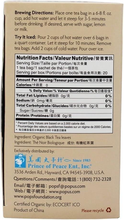 Prince Of Peace Organic Black Tea, 20 Tea Bags  100% Organic Black Tea  Unsweetened Black Tea  Lower Caffeine Alternative To Coffee  Herbal Health Benefits