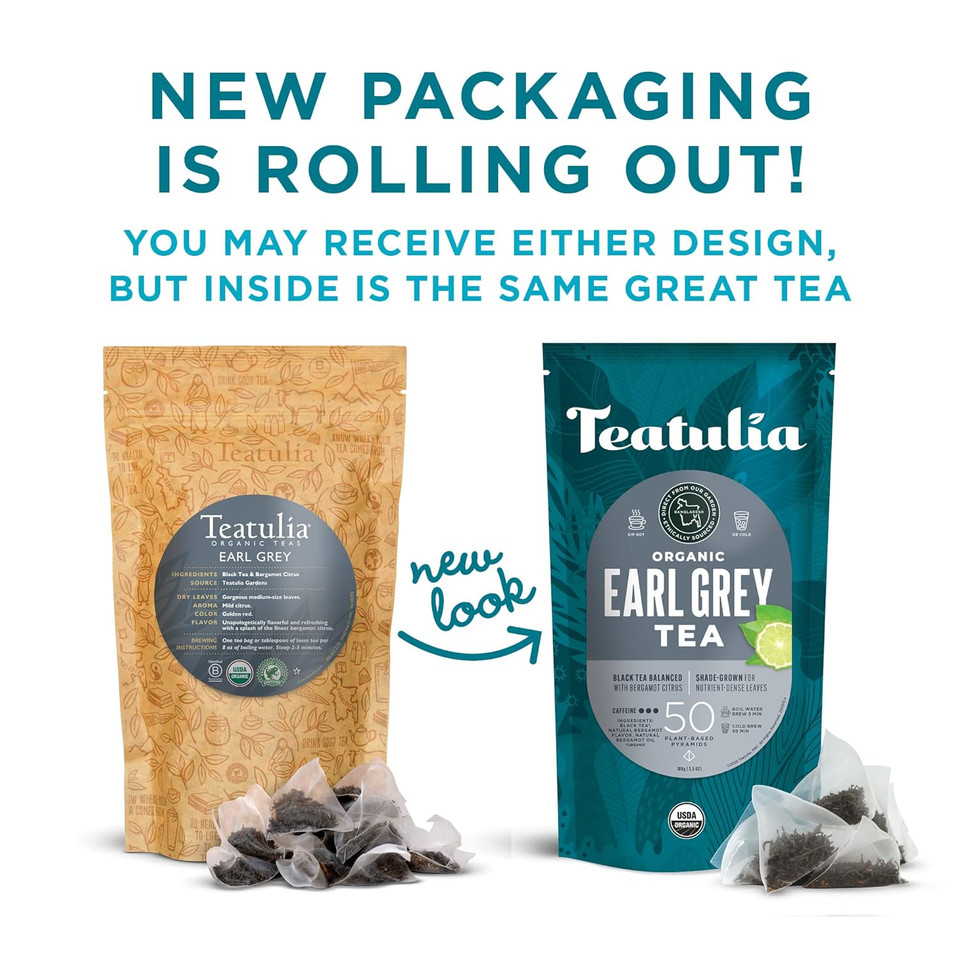 Teatulia Organic Earl Grey Tea Bags (50 Pyramid Teabags) Whole Flower | 100% Compostable | Black Tea + Bergamot Citrus Sustainably Grown In Bangladesh