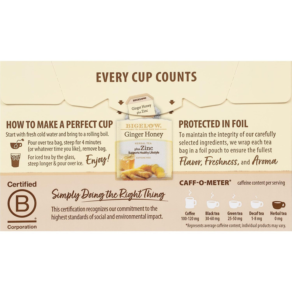 Bigelow Tea Ginger Honey Plus Zinc, 18 Count (Pack Of 6), 108 Total Tea Bags18 Count (Pack Of 6)