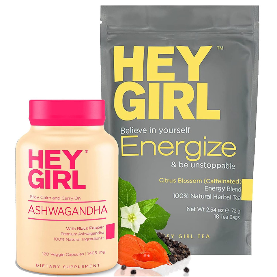 Hey Girl Energy Bundle - Energy And Vitality Booster Tea For Women Plus Ashwagandha Root Powder Capsules - Boosts Energy To Help You Get Through Your Day With Ease