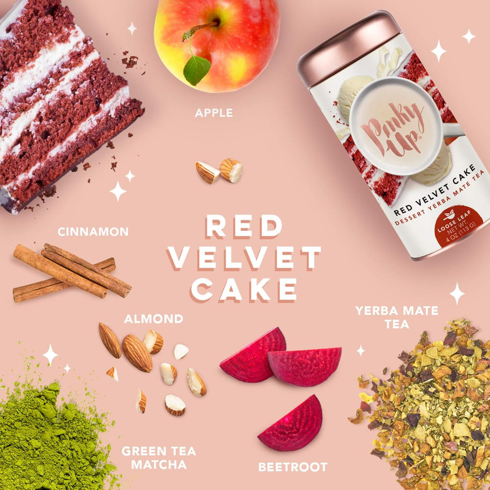 Pinky Up Red Velvet Cake Loose Leaf Tea | Yerba Mate Herbal Tea, 80-85 Mg Caffeine Per Serving, Naturally Calorie & Gluten Free | 4 Ounce Tin, 25 Servings