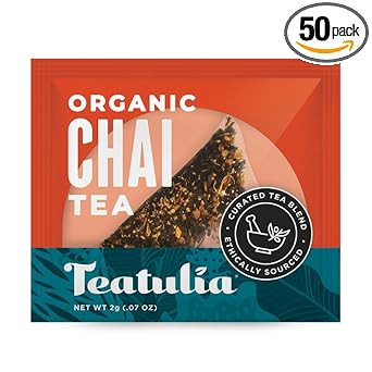 Teatulia Organic Chai Tea Bags (50 Wrapped Pyramid Tea Bags) | 100% Compostable | Sustainably Grown In Bangladesh | Black Tea, Cinnamon, Cardamom, Ginger Root, Black Pepper & Cloves