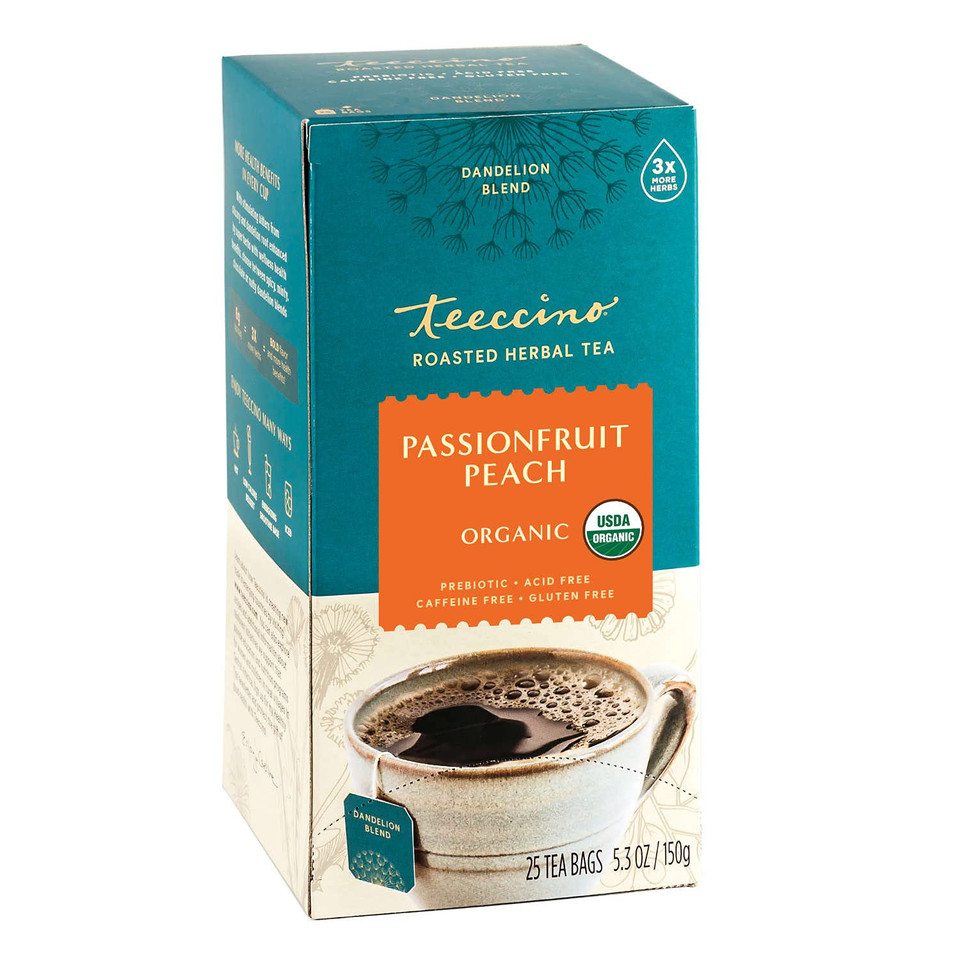 Teeccino Dandelion Passionfruit Peach Herbal Tea - Detox Deliciously With A Fruity Dandelion Root Tea, Prebiotic, Caffeine Free, Acid Free, 25 Tea Bags