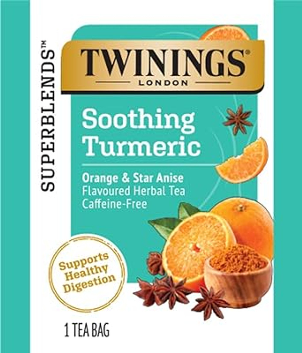 Twinings Superblends Soothing Turmeric Orange & Star Anise Flavoured Herbal Tea Caffeine-Free, 18 Tea Bags (Pack of 6)18 Count (Pack of 6)