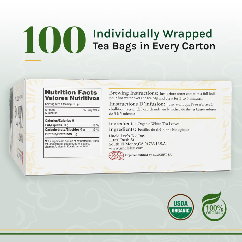 Uncle Leeã¢ÂS Organic White Tea, 100% Natural Premium White Tea Bags, Light & Delicate Flavor, Organic Tea, Use For Hot Tea Or Iced Tea Beverages, 100 Tea Bags Per Box