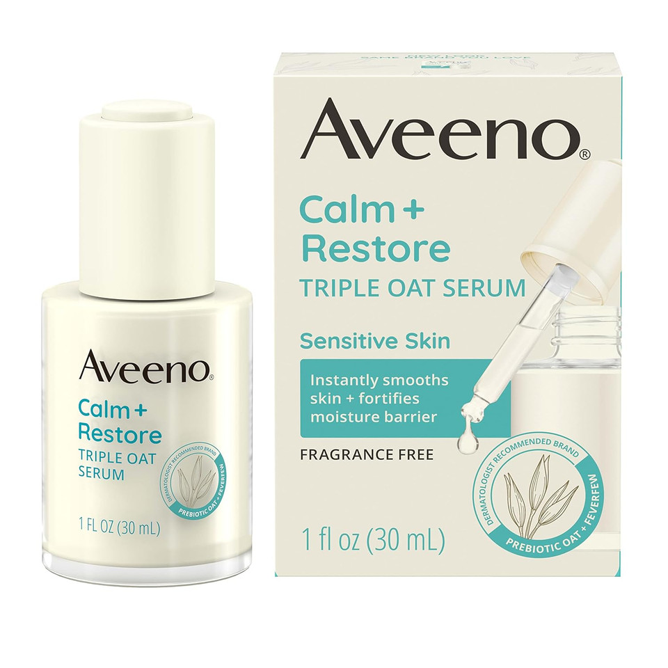 Aveeno Calm + Restore Triple Oat Hydrating Face Serum For Sensitive Skin, Gentle, Lightweight Facial Serum Instantly Smooths Skin, Fast-Absorbing, Hypoallergenic & Fragrance-Free, 1 Fl. Oz