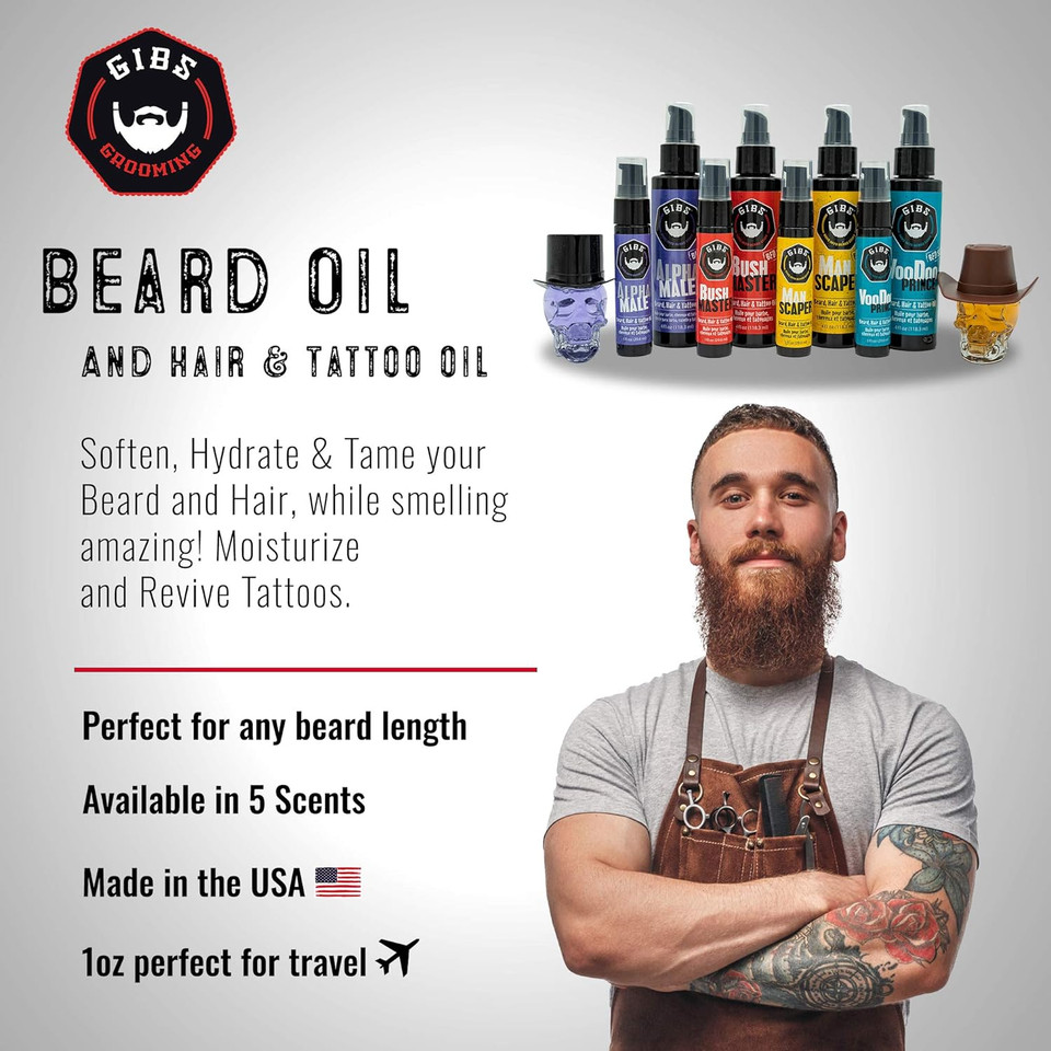 Gibs Beard, Hair & Tattoo Oil - Softens & Strengthens Beard Growth, Moisturizes Skin (4 Scents, 2 Sizes)