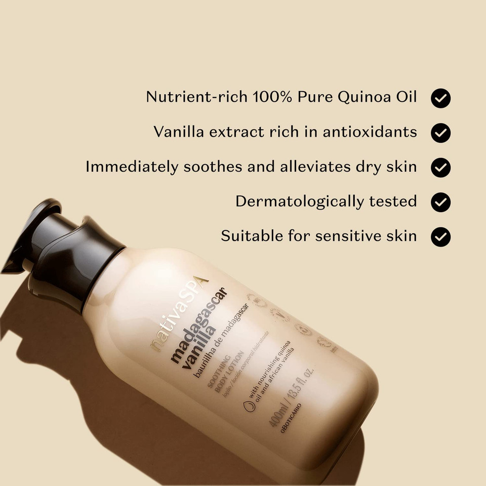 Nativa Spa By O Boticã£Â¡Rio, Madagascar Vanilla Moisturizing Body Lotion, Fragranced Skin Moisturizer With Purified Quinoa Drops, 13.5 Ounce