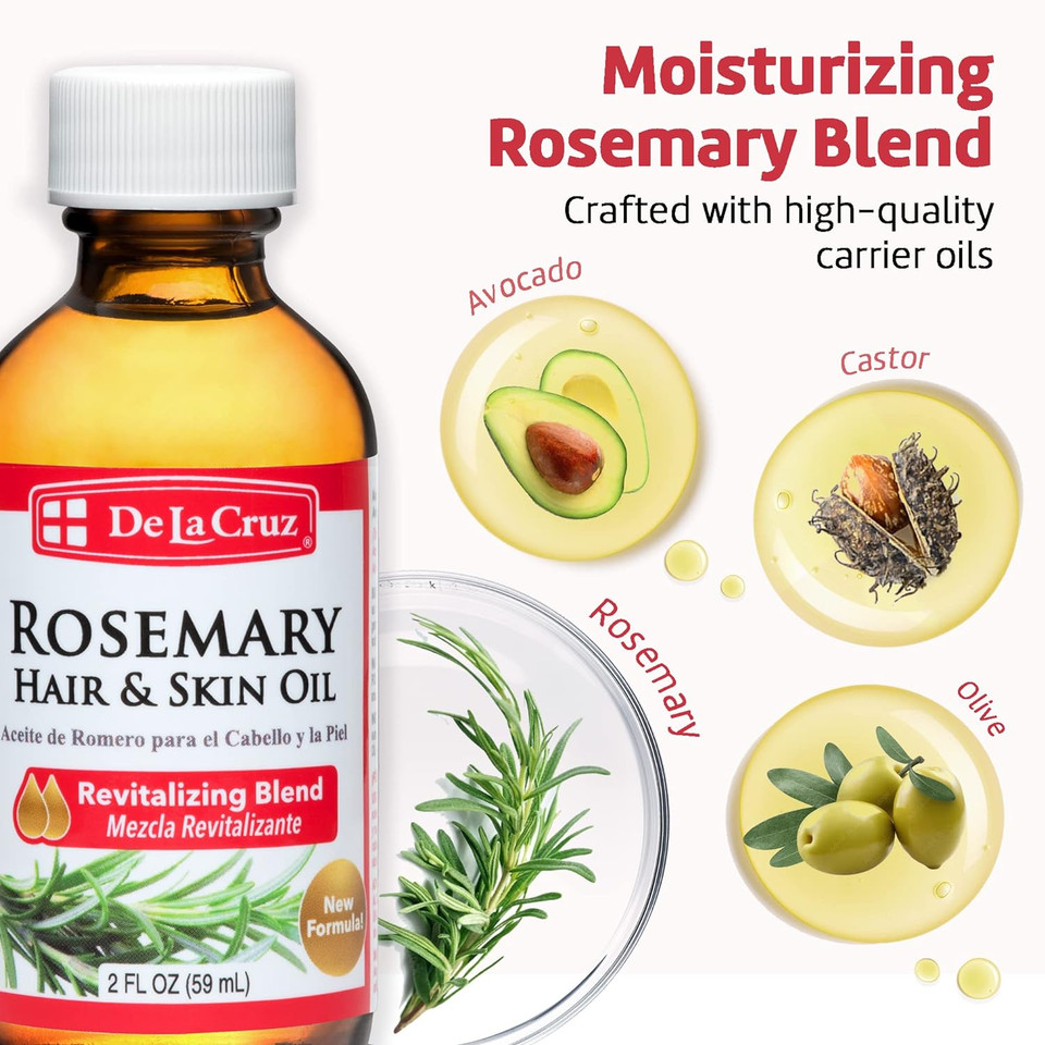 De La Cruz Rosemary Oil Blend Skin And Hair Moisturizer With Castor, Avocado And Olive Oil - Topical Use Only 2 Fl. Oz. (59 Ml) (6 Bottles)