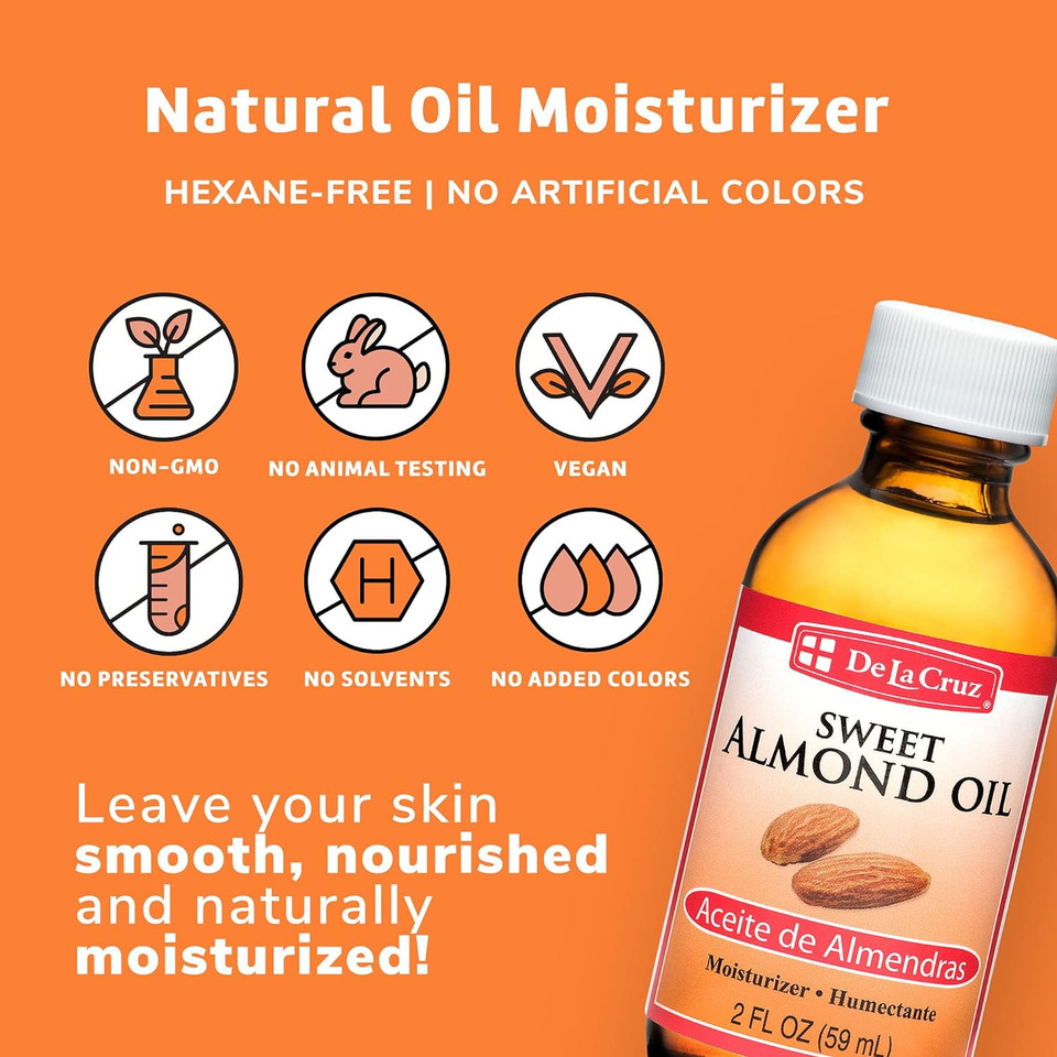 De La Cruz Sweet Almond Oil - Expeller Pressed Almond Oil For Skin And Hair 2 Fl. Oz. (59 Ml)2 Fl Oz (Pack Of 1)