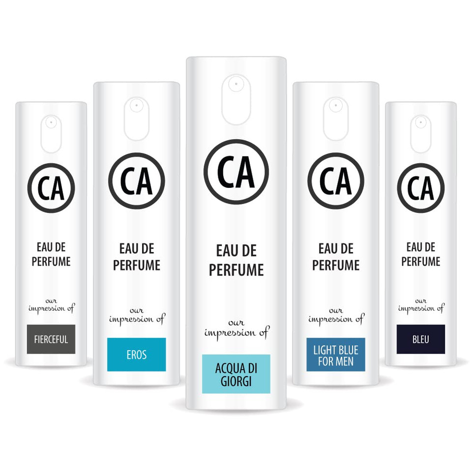 Ca Perfume 2020 Top Sellinng Men Set Impression Of (Light Blue + Eros + Aqua Di Giorgi + Bleu + Fierceful) Fragrance Sample Travel Size Parfum Sprayer (0.3 Fl Oz/10 Ml) X 5
