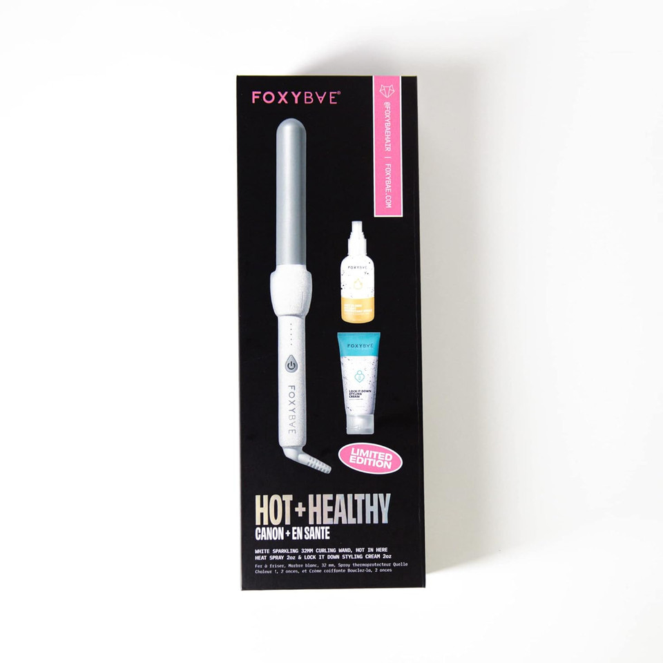 Foxybae Hot + Healthy White Sparkle Gift Set, Includes White Sparkling 32Mm Curling Wand, Hot In Here Uv Heat Protectant Spray, Lock It Down Styling Cream