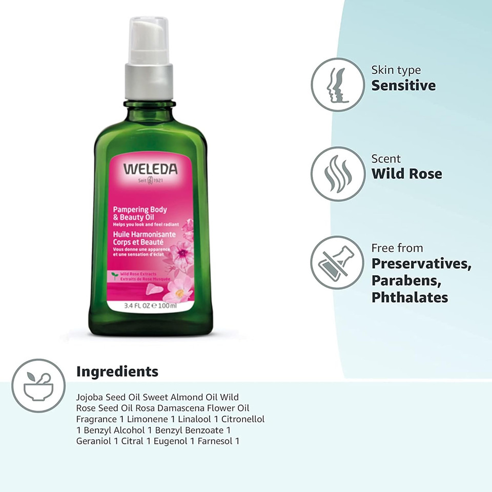 Weleda Wild Rose Body Oil And Deodorant Duo, 3.4 Fluid Ounce (Pack Of 2), Plant Rich Skin Pampering Set With Wild Rose Oil