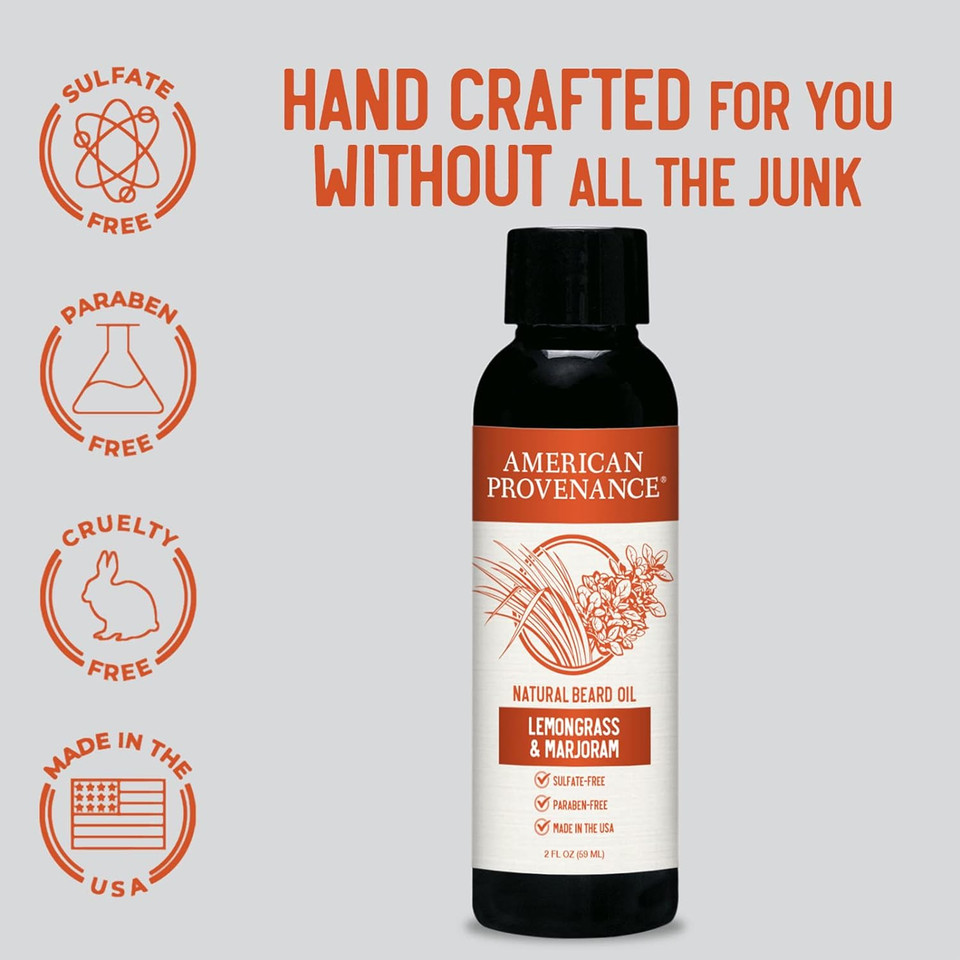 American Provenance Premium Natural Beard And Mustache Oil For Men With Shea Butter, Jojoba Oil, Argan Oil - Grooming Balm That Conditions, Moisturizes And Strenthens Beards And Mustaches Of Any Length | Lemongrass & Marjoram, 2 Fl Oz (Pack Of 1)