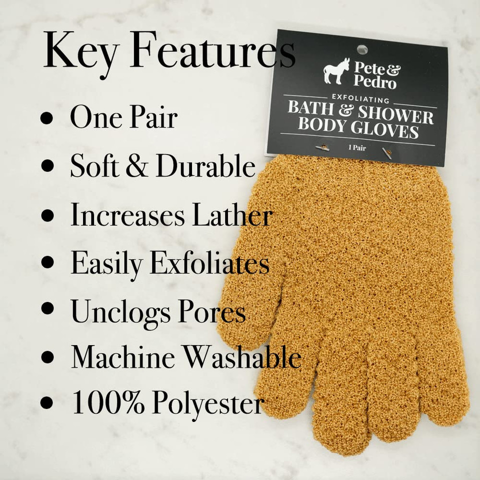 Pete & Pedro Exfoliating Bath & Body Shower Gloves For Men & Women | Gently Scrubs & Cleanses Skin & Unclogs Pores | Soft, Thickly Woven, Hygienic & Machine Washable | As Seen On Shark Tank, 1 Pair