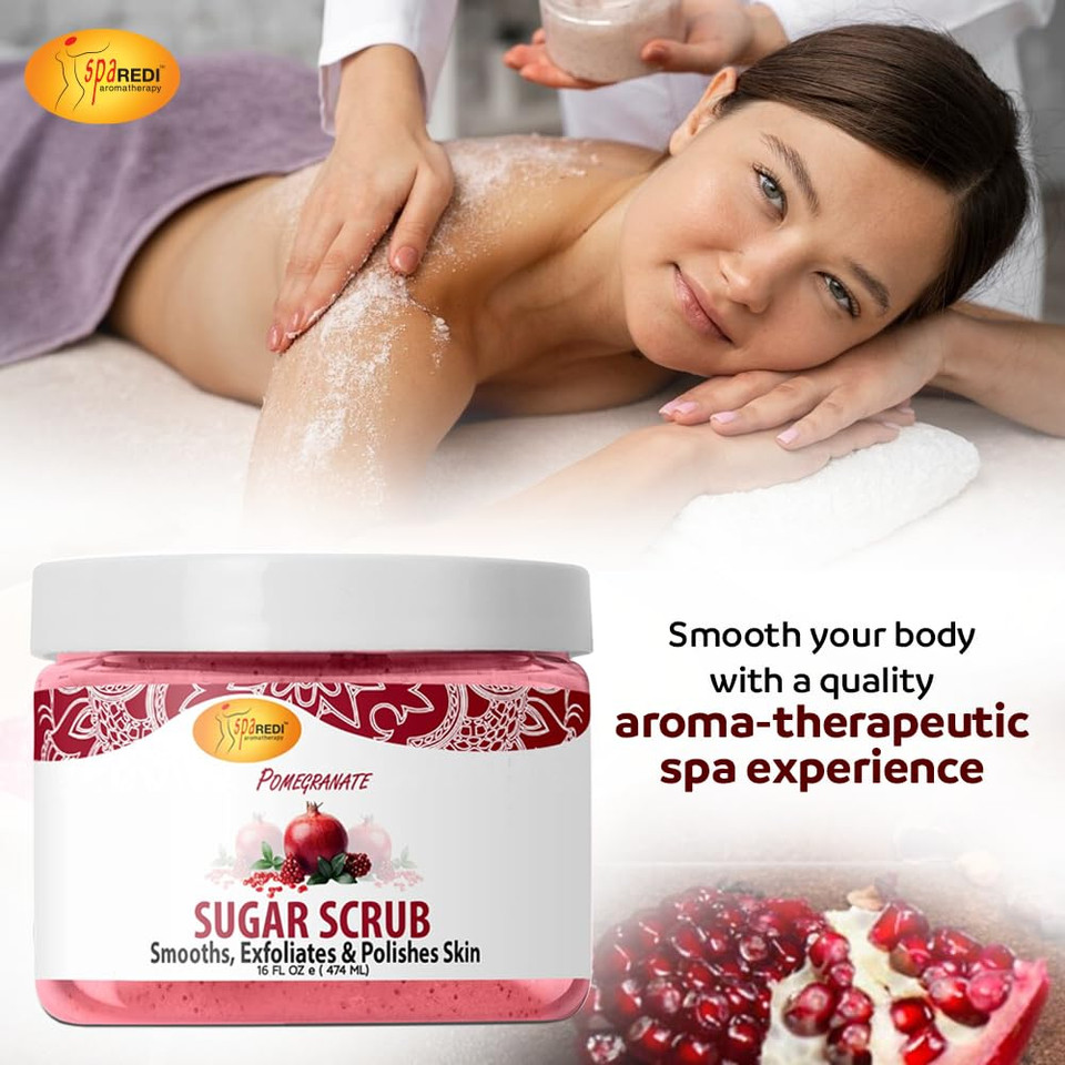 Spa Redi  Sugar Body Scrub, Pomegranate, 16 Oz, Exfoliating, Moisturizing, Hydrating And Nourishing, Glow, Polish, Smooth And Fresh Skin - Body Exfoliator