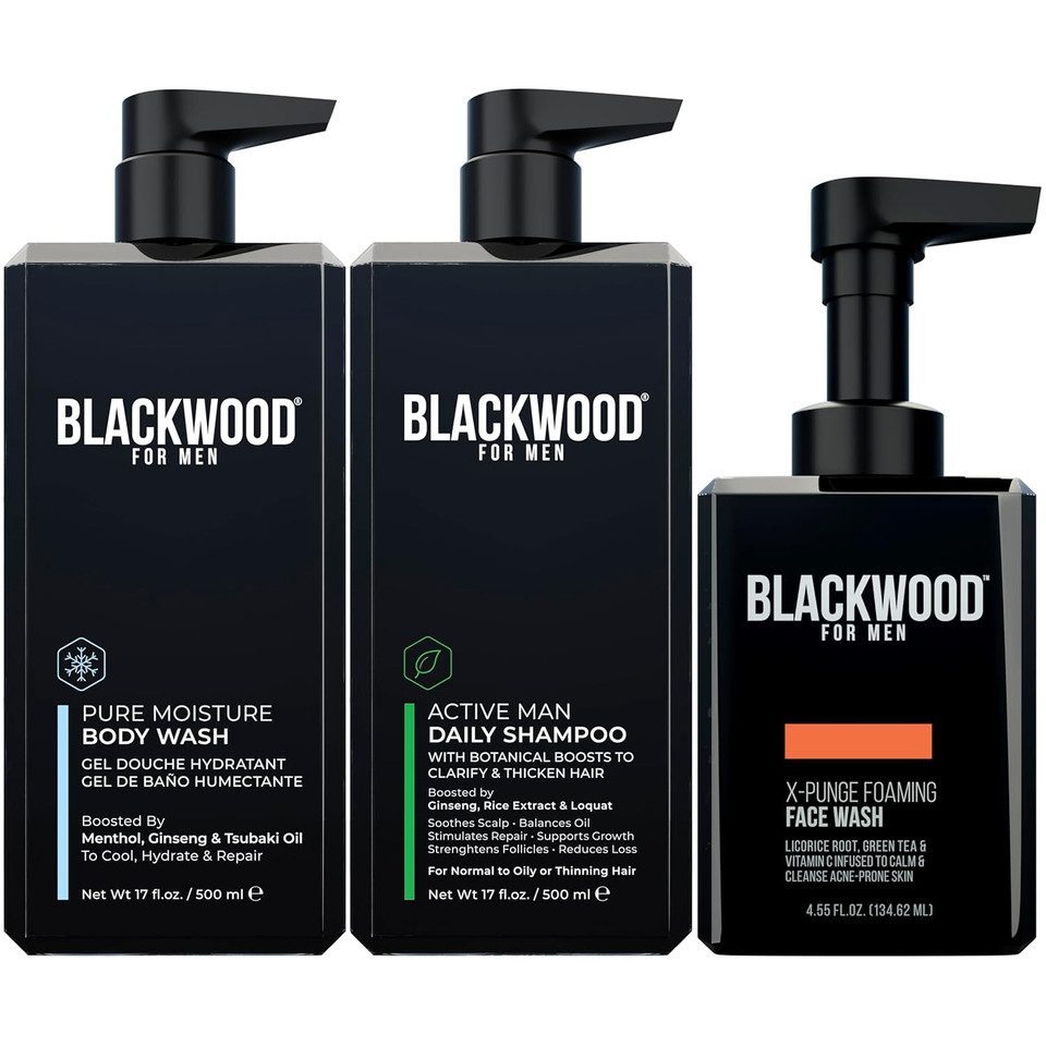 Blackwood For Men Pure Moisture Body Wash (17 Oz), Active Man Daily Shampoo (17 Oz), And X-Punge Foaming Face Wash (4.55 Oz) Bundle For Men Blackwood For Men Pure Moisture Body Wash (17 Oz), Active Man Daily Shampoo (17 Oz), And X-Punge Foaming Face Wash (4.55 Oz) Bundle For Men