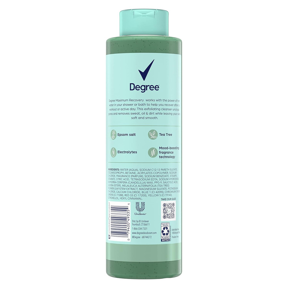 Degree Body Wash And Soak Post-Workout Recovery Skincare Routine Exfoliating Tea Tree + Epsom Salt + Electrolytes Bath And Body Product, 22 Fl Oz (Pack Of 4)