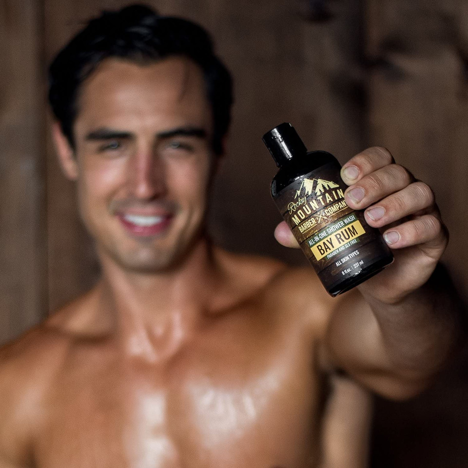 Rocky Mountain Barber Company Bay Rum All-In-One Body Wash - Shampoo, Body Wash, Conditioner, Face Wash & Beard Wash With Aloe Leaf Juice - 8 Oz