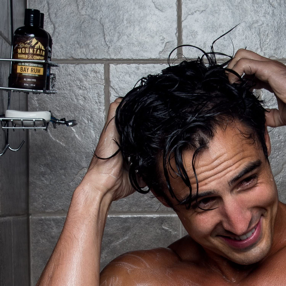 Rocky Mountain Barber Company Bay Rum All-In-One Body Wash - Shampoo, Body Wash, Conditioner, Face Wash & Beard Wash With Aloe Leaf Juice - 8 Oz