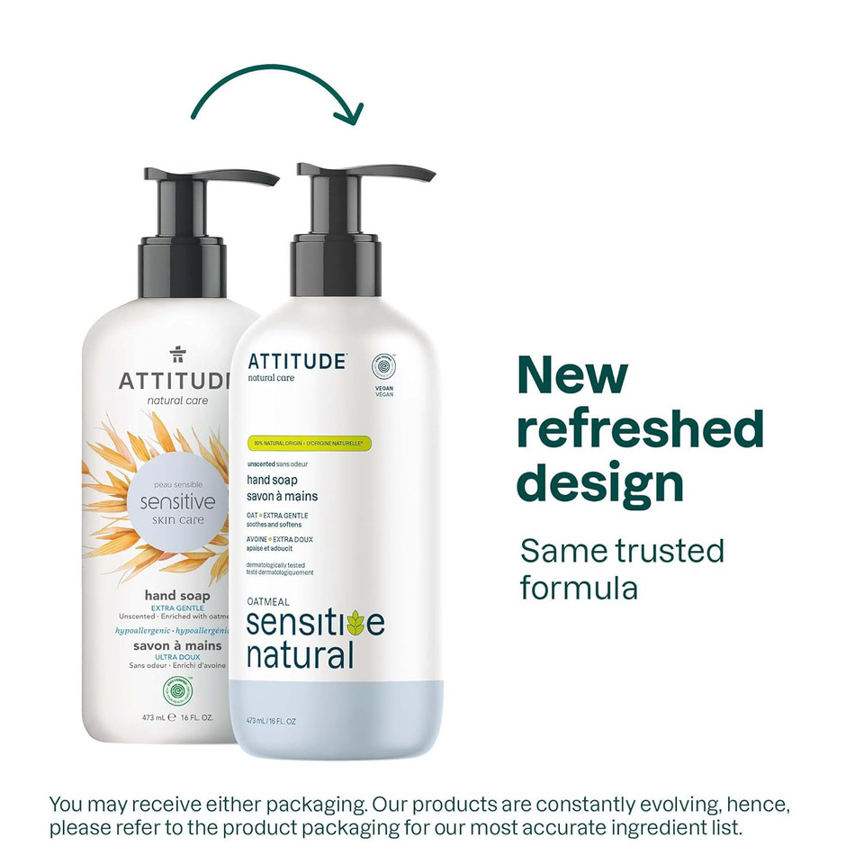 Attitude Extra Gentle Hand Soap For Sensitive Skin Enriched With Oat, Ewg Verified, Dermatologically Tested & Hypoallergenic, Vegan & Cruelty-Free, Unscented, 16 Fl Oz