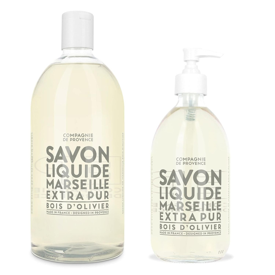Compagnie De Provence Savon De Marseille Extra Pure Liquid Soap - Olive Wood - 16.9 Fl Oz Glass Pump Bottle And 33.8 Fl Oz Plastic Bottle Refillgift Set
