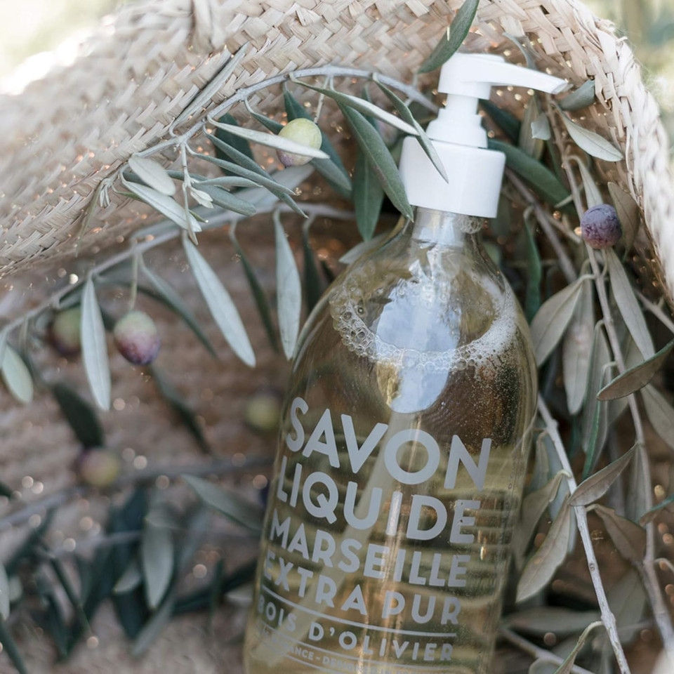 Compagnie De Provence Savon De Marseille Extra Pure Liquid Soap - Olive Wood - 16.9 Fl Oz Glass Pump Bottle And 33.8 Fl Oz Plastic Bottle Refillgift Set