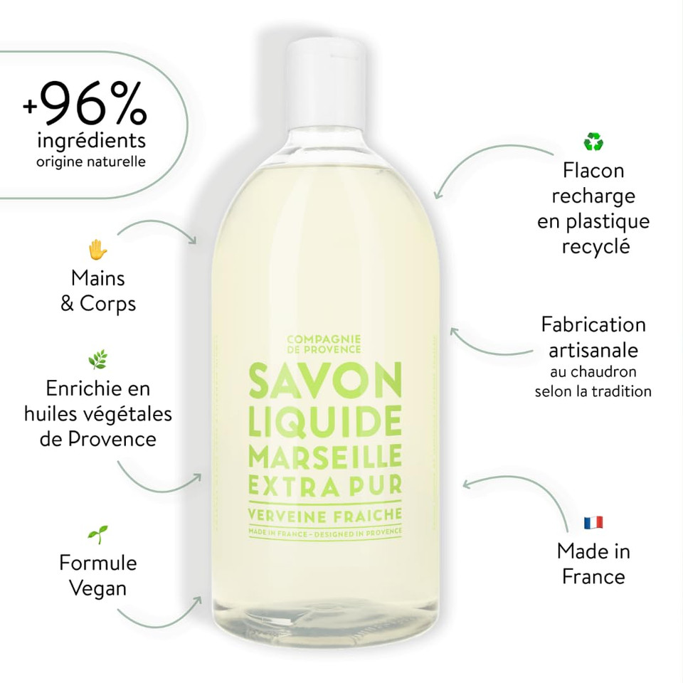 Compagnie De Provence Savon De Marseille Extra Pure Liquid Soap - Verbena - 33.8 Fl Oz Plastic Bottle Refill